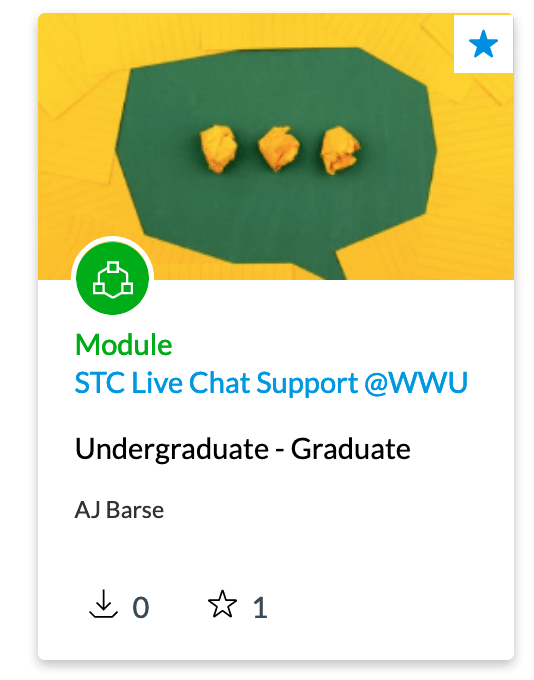 Yellow icon with green chat bubble icon; card interface preview of the Canvas Commons Moudle on STC Live Chat Support @WWU
