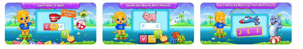 Screenshot from app with Lion and Dolphin helping kiddo spell