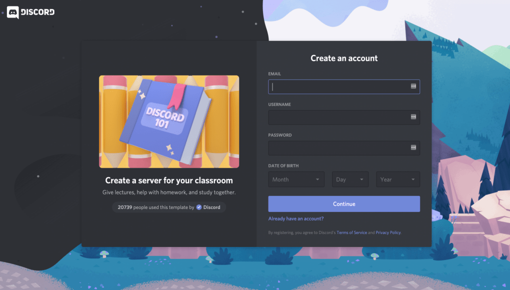 Sign up screen for Discord and "Create a server for your classroom" template 