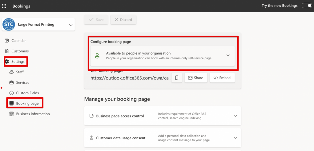 Settings>Bookings Page> Configure booking page set to Available to people in your organization