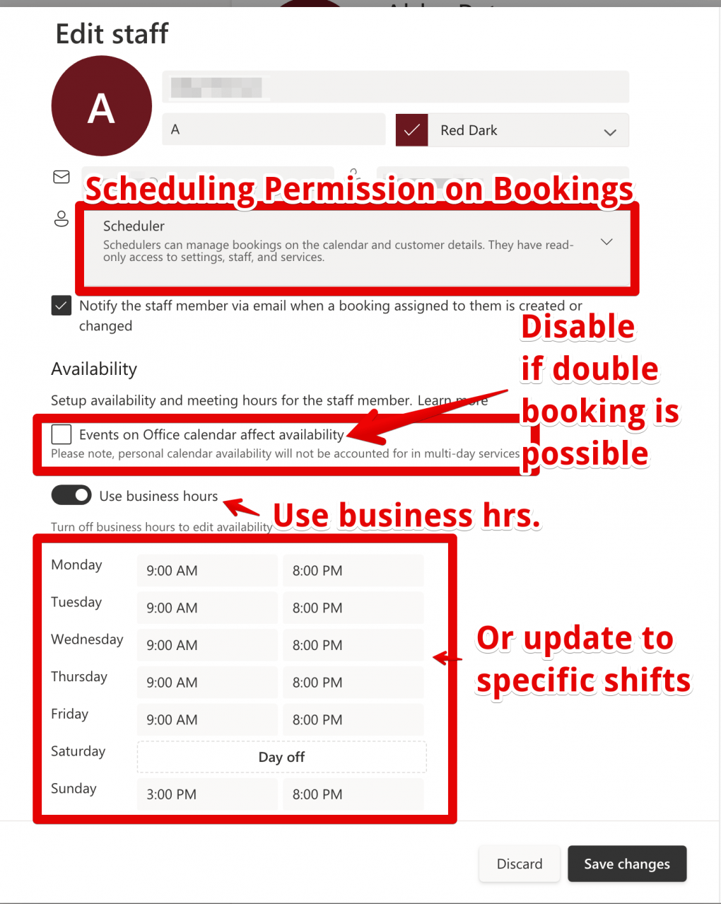 A lot going on here. Under Edit Staff setting Scheduling permissions to something lower than admin (eg Scheduler). Unchecking "Events on Office calendar affect availability" to allow for double booking of services. And enable Use Business hours or disable to have this staff member update for their shifts. 