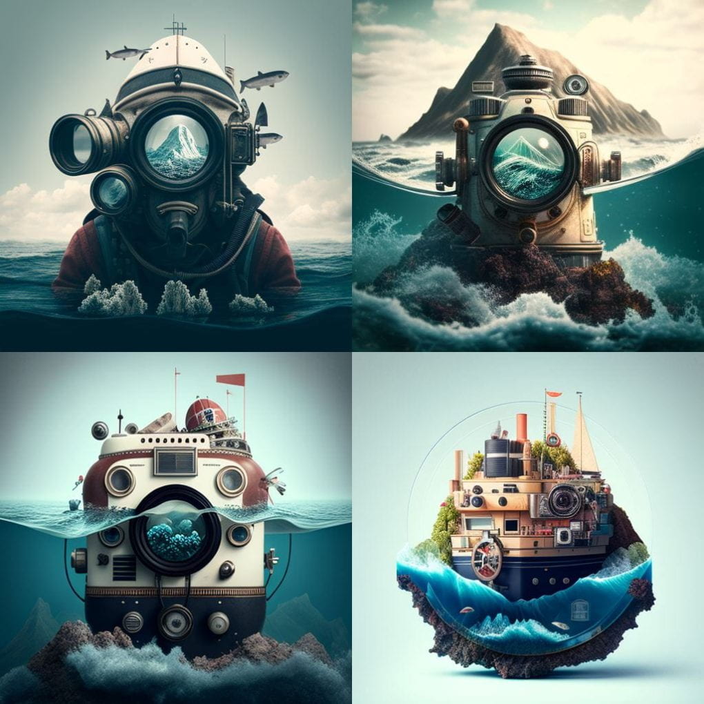 4 photos in a square generated from Midjourney AI based off Analog Explorer, Sea Themed. Elements in the scenes ; eater, camera lenses, view ports, islands, sky, diver. 