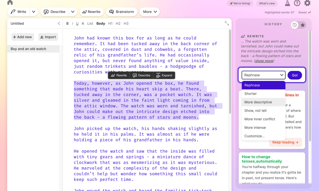 Screenshot of AI generated text in UI for Psudo Writing. Right hand rewrite option selected with dropdown of options to shorten or be more descriptive. 