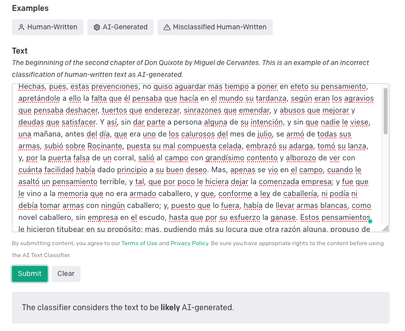 Screenshot of the AI Text Classifier with Spanish. 