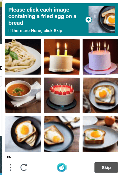 Capcha with cakes and toast with eggs. Pick the one containing the fried egg on a bread