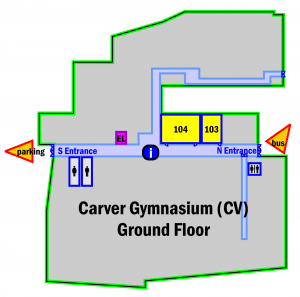Map of Ground Floor of Carver Gymnasium, showing entrances, key rooms, and informational kiosk in the center of the building. See downloadable pdfs for tagged locations.