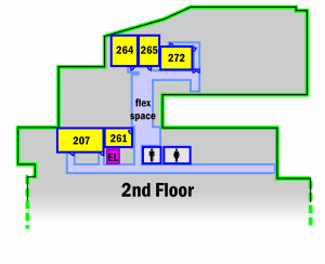 Map of Second Floor of Carver Gymnasium, showing elevator, key rooms, flex space, and restroom locations. See downloadable pdfs for tagged locations.