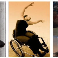 Promotional graphic for Invitation to Dance film shows three panels of disabled dancers dancing. First, a person with no legs dances hanging in the air from purple fabric. Next, a person in a wheelchair arches to the side, arms raised. Next a two people dance together, using the the wheels of a wheelchair turned to the side to spin in a circle.