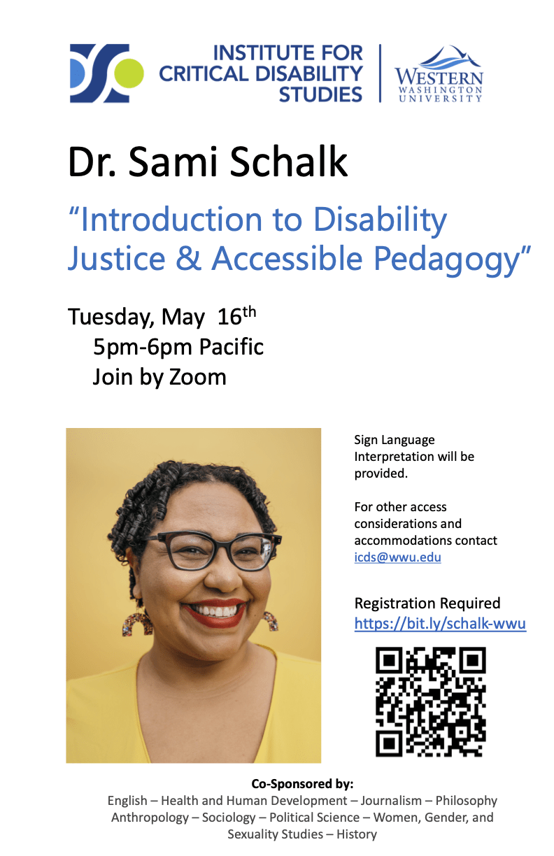 Image of an advertising poster for Sami Schalk's lecture. It includes a picture of Sami Schalk against a yellow background.