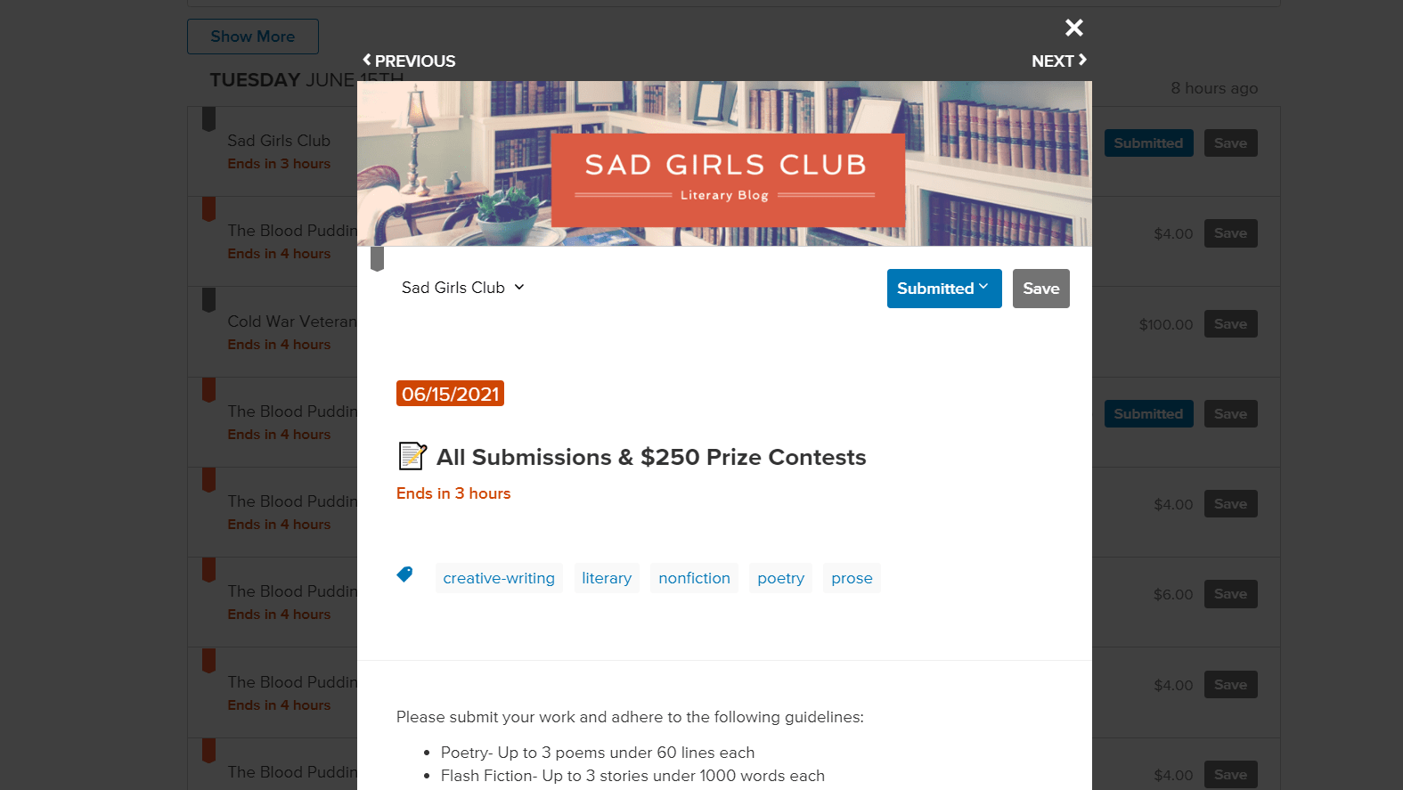close up of a call for submissions from "Sad Girls Club." The call is titled "All Submissions &250 Prize Contests" and the deadline is right below. Tags are featured below that as well as descriptions of what the publication is after  