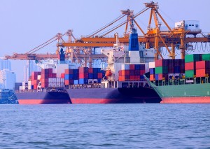 Image: Ocean-going container ships at loading dock