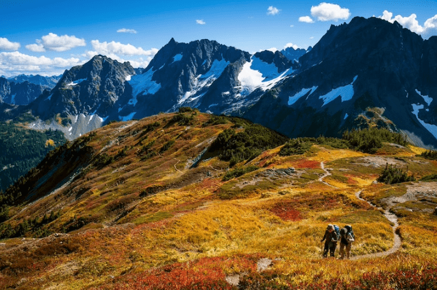Hikers walk along a trail in the North Cascades, the brush around them is brilliantly orange, yellow and red, the cascade mountains behind them seem to glow blue, the snow of their peaks reflecting the blue of the sky