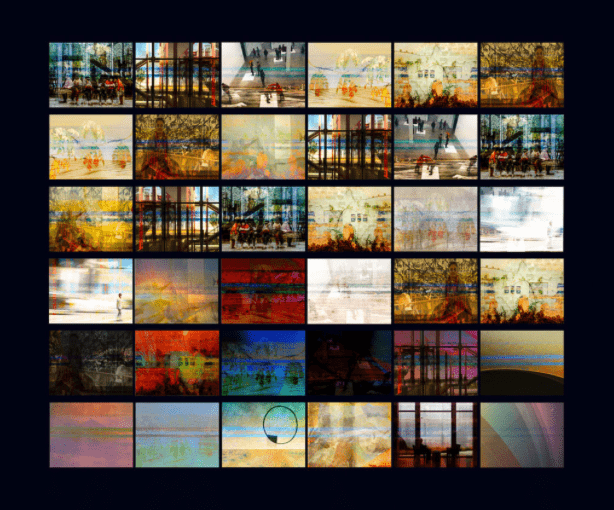 A contact sheet of 6 images, all of which are brightly colored and multi-layered