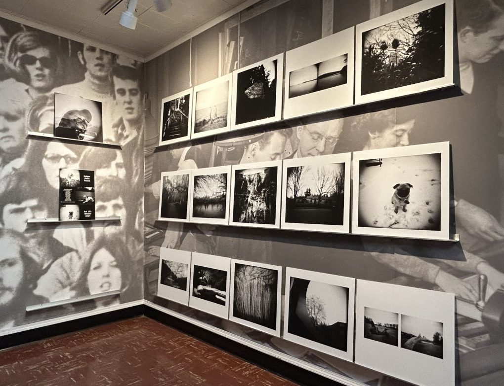 Three rows of five large photos are printed out and sit along shelves on the wall. Each photo is a square shape. This image shows them at an angle revealing the shows poster beside it and an additional photo on the wall.
