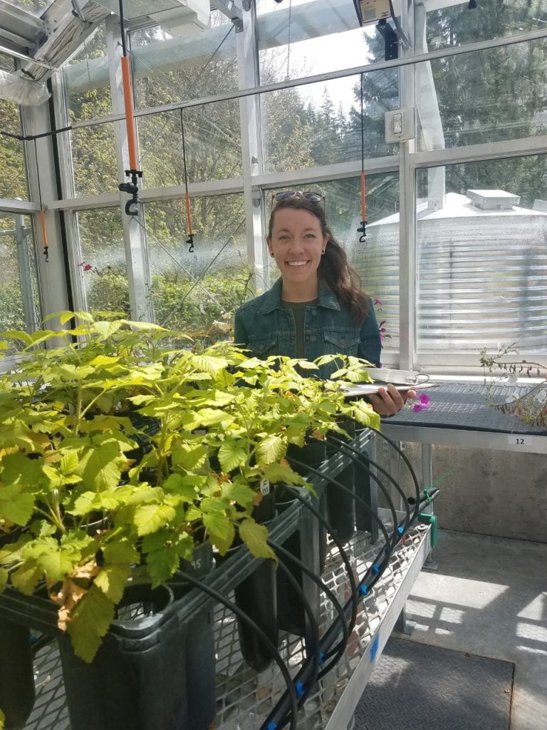 Erika standing with her raspberry plants in the greenhouse