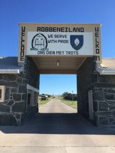 Archway over road, welcoming visitors to Robben Island, South Africa