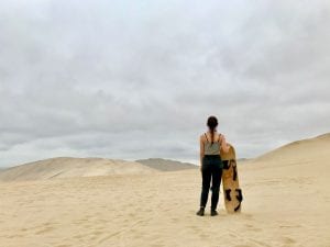 Student faces a desert landscape