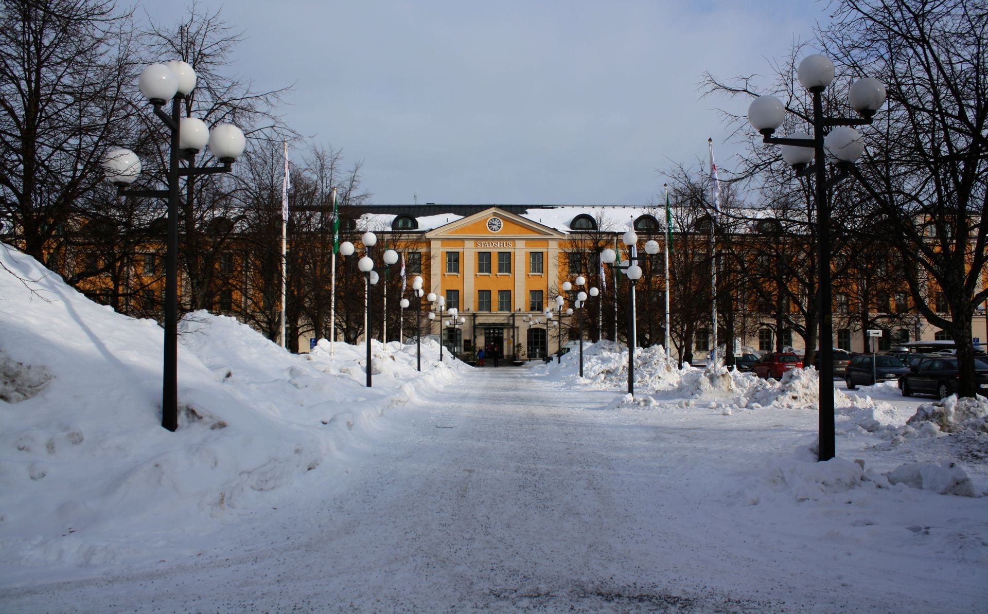 The City Hall in Umeå, Sweden in the snow.