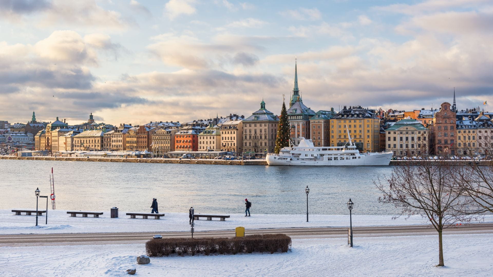 A view of Stockholm across the water in winter.