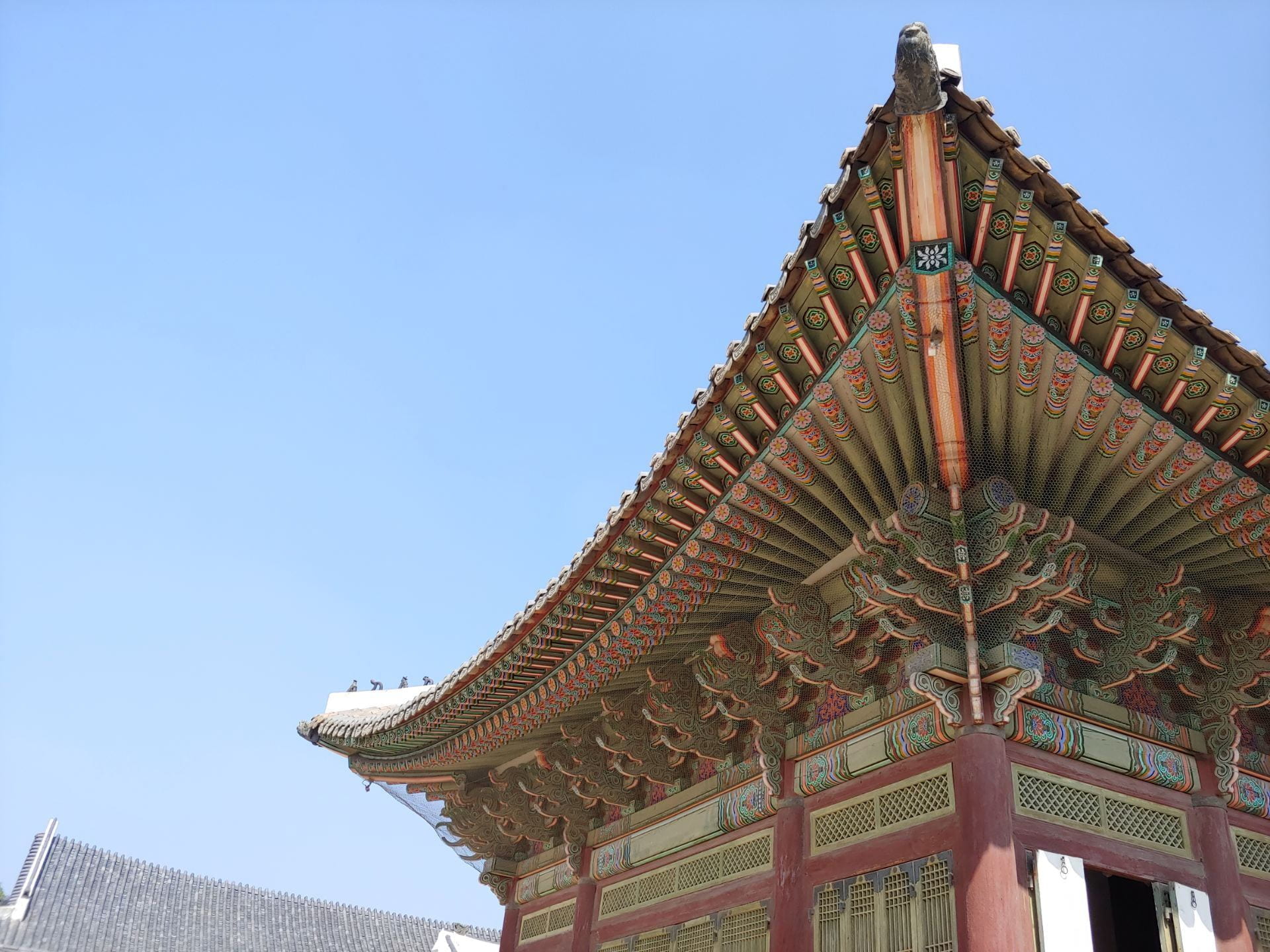 The corner of a Korean Palace roof and a blue sky.