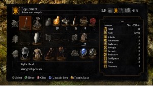Currently equipped menu, note the 5 quick items at the top starting with the orange estus flask