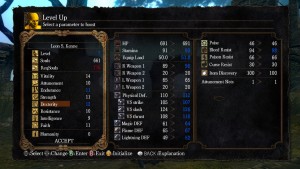 Player stat screen, with upgradeable stats on the left, what attributes are affected on the right (blue indicates increase)