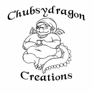 Chubsydragon Creations logo. A dragon sits holding a cup of tea.