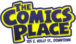 The comics place logo in caps dark blue font in front of yellow background and outline 105 E Holly Street Downtown Bellingham