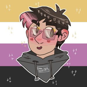 Artistic rendition of Evryn-Arden smiling with the non-binary flag in the background