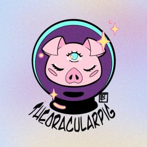 The Oracular Pig logo. The head of a pig with a third eye inside of a crystal ball.