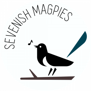 Sevenish Magpies logo. Magpie with a music note