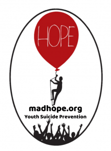 MAD-HOPE logo. Person holds a red balloon