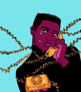 Person of color holding rotary phone to ear and crying.