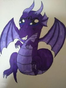 A purple dragon drawn with traditional markers on paper
