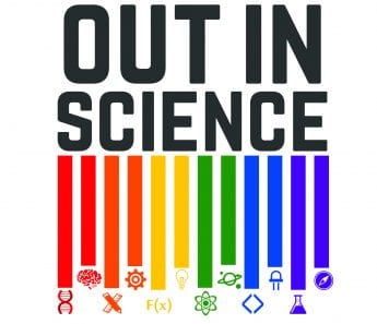 Out in Science. Science icons at the bottom in a rainbow colour scheme.