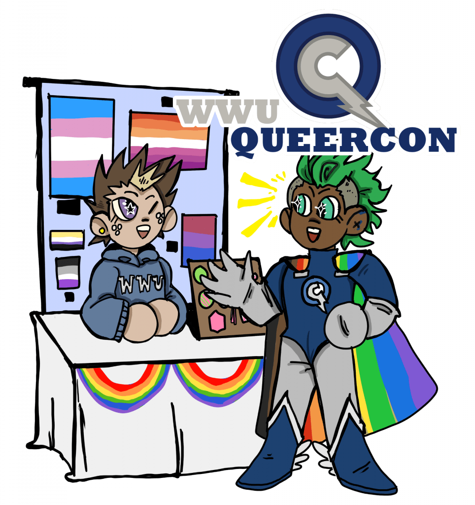 A superhero in rainbow cape and green hair stands in front of a convention booth with an artist in a hoodie sitting with colorful pride flags on display. The WWU QueerCon logo is in the top right corner.