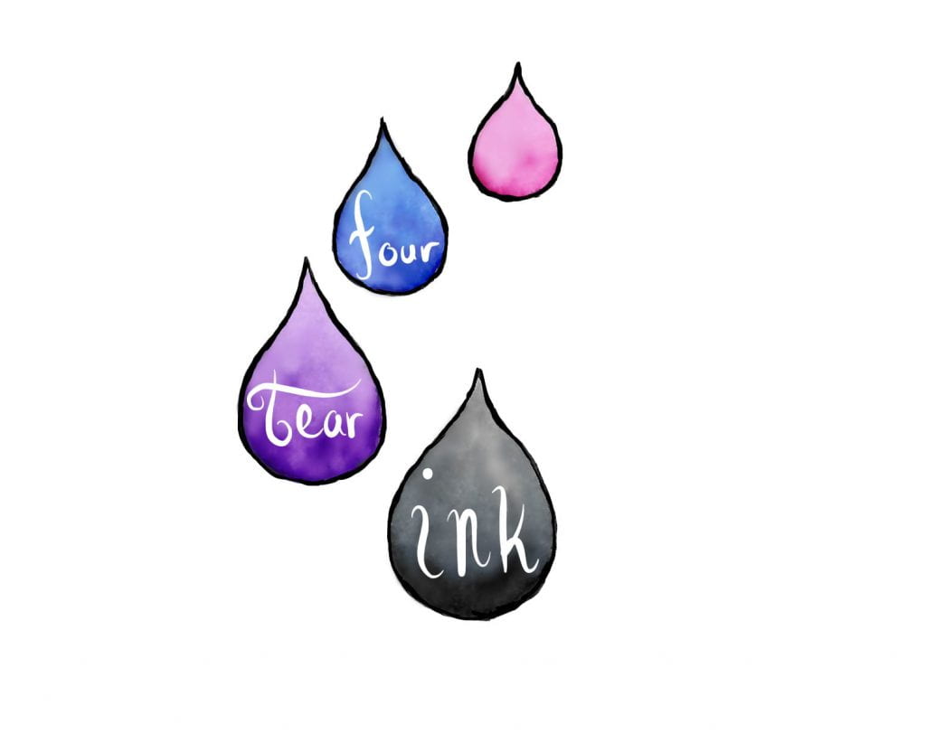 four tear ink logo with watercolor pink blue purple and black droplets