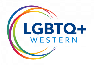 LGBTQ+ Western logo in blue caps text and rainbow circles behind