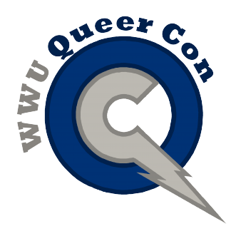 WWU Queer Con logo in grey and blue with a lightning C in a blue circle to form the shape of a Q