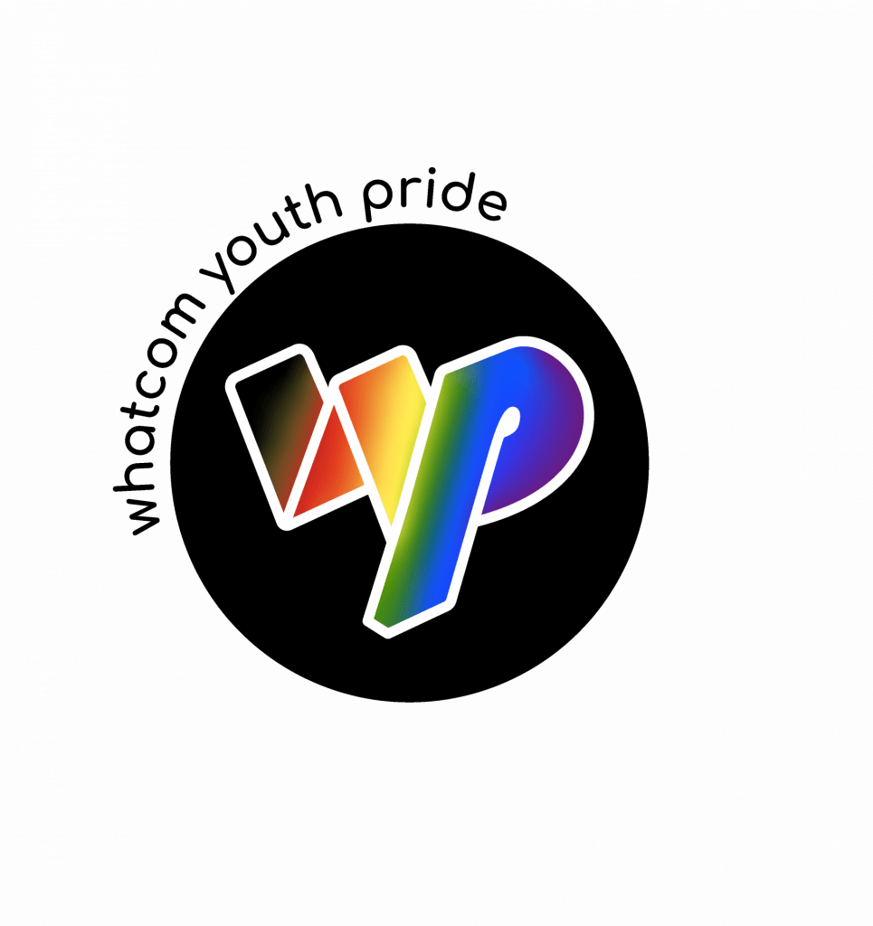 Logo for Whatcom Youth Pride, written in rainbow stripe over a black background.