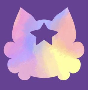 A purple and pastel color shape of a cat  head with a star on the forehead