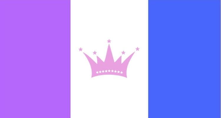 left third is purple, middle third is white, and right third is blue. Pink crown is in the middle.