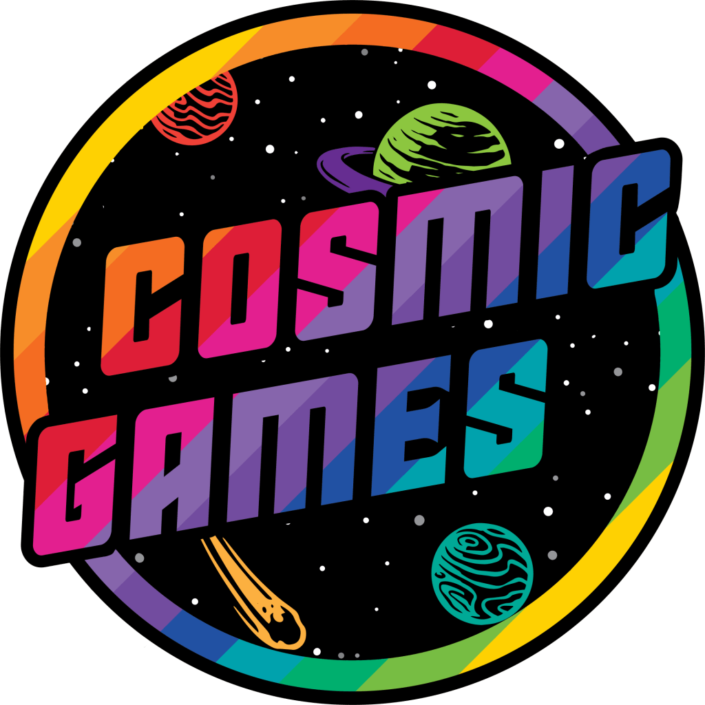 Cosmic Games logo in front of an outer space and planets theme and rainbow colors