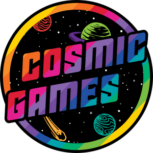 Cosmic Games logo in rainbow colors and science fiction font in front of an outer space background