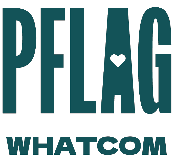 white background with blue text that says PFLAG Whatcom. the first A has a heart in the center.