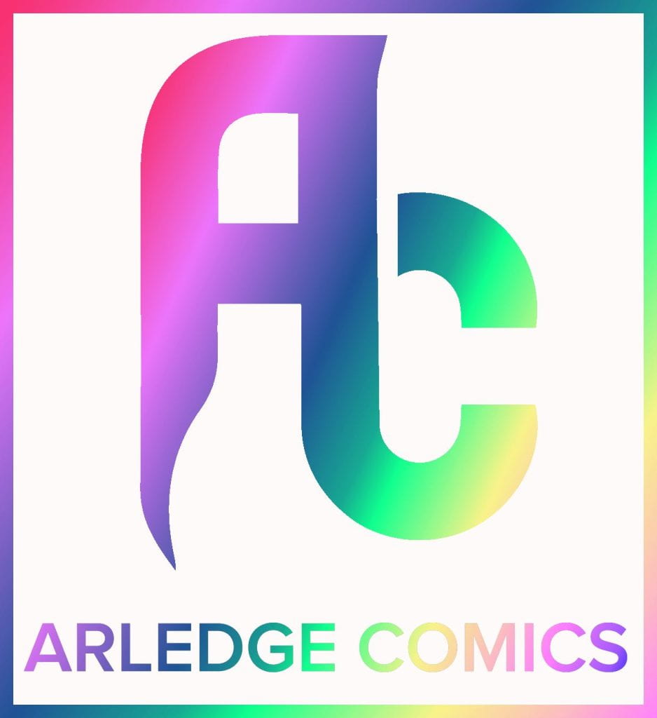Arledge comics logo combining the letters A and C, in rainbow gradient tones.