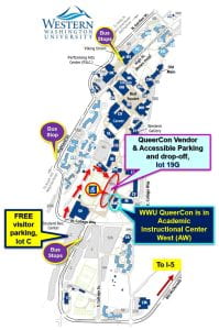 Map of the western washington university campus. There is a parking lot reserved for QueerCon vendors and those with access needs in Lot 19G, which can be accessed from Wade King service road off of West College Way, and then turning right onto 21st Street. There is free visitor parking in Lot C on Bill McDonald Parkway.
