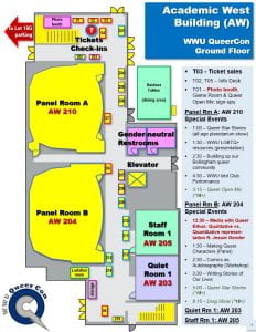 A map of the academic west building ground floor, which includes main panel room A in AW 210, Panel room B in AW 204, Will-call, ticketing, information tables, and Glitt3rlyfe photo booth at the north end of the building, and quiet room in AW 203 at the south end of the building. Exhibitor tables 201 through 214 are also arranged along the main hallway corridor. There are gender-neutral restrooms. There is a lactation room on the south end of this floor.
