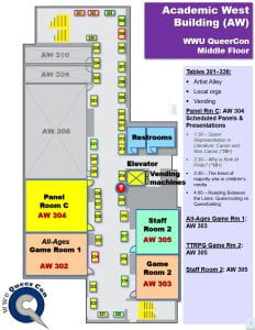 A map of the academic west building middle floor, which includes panel room C, All-ages game room 1, game room 2, staff room, and artist alley with vendors, independent artists, and clubs and organizations. Tables 301 through 336 are here.