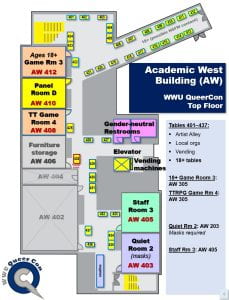 A map of the academic west building top floor, which includes game rooms, staff room, Panel Room D, quiet room with masks required, and artist alley with student clubs and local organizations. Tables 401 through 437 are located on this floor.